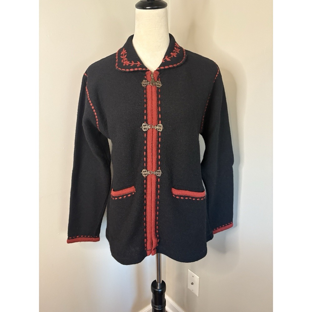 VTG Indigenous Designs Wool Nordic Cardigan Sweater Jacket Black Red Medium M